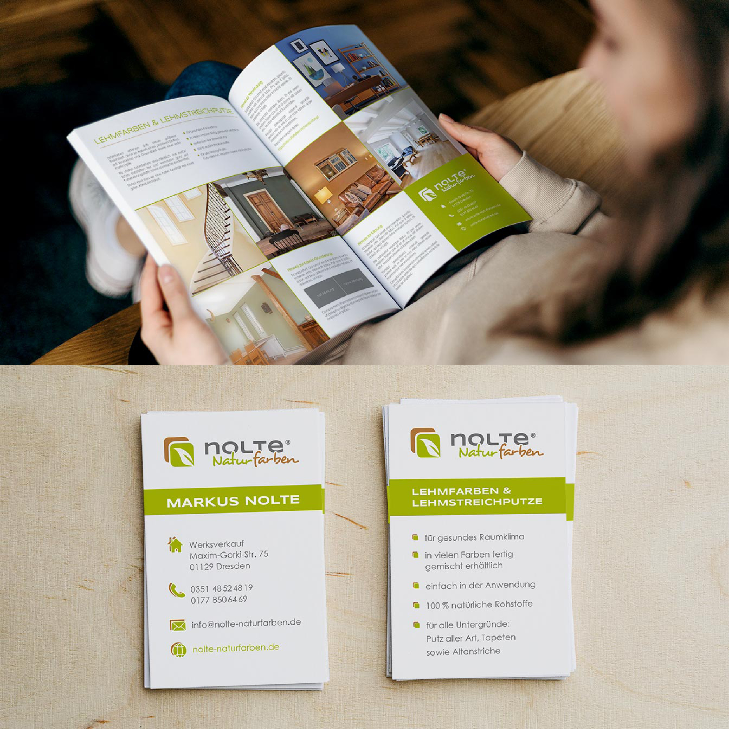 Visitenkarte und Broschüre eines Lehmfarbenherstellers